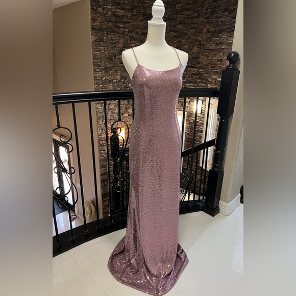 Adam Pink Sequin Maxi Gown Spaghetti Strap Prom - Picture 1 of 13